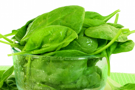 fresh spinach leaves in bowl closeup の写真素材