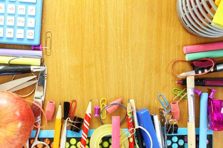 school supply on wooden deskの写真素材