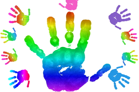 kids art and craft colorful hand prints in rainbow Isolated on white backgroundの写真素材