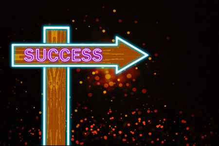 neon light wooden arrow arrow sign with success textの写真素材