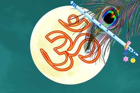 oim icon and peacock feather and flute over moon background
