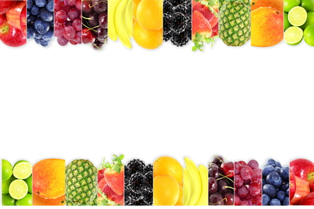 Fruit frame border on white background Healthy eating and dieting food concept with space for textの写真素材