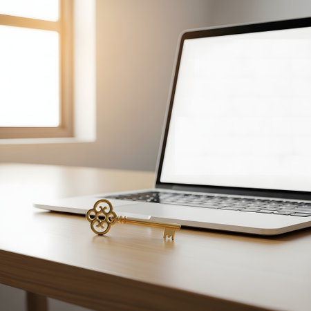 Laptop with golden key on table in office. 3d renderingの素材