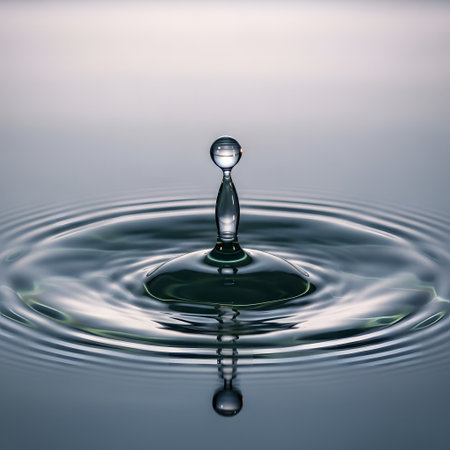 Water drop. Splash effect after collision a falling drops with water Surfaceの素材