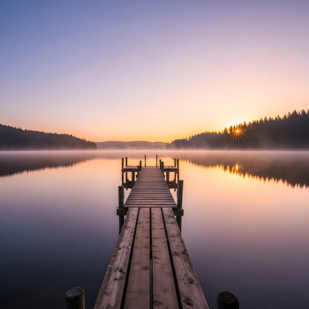 Wooden jetty on a misty lake at sunrise in the morningの素材