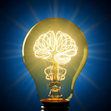 Idea concept with lightbulb and human brain on blue backgroundの素材