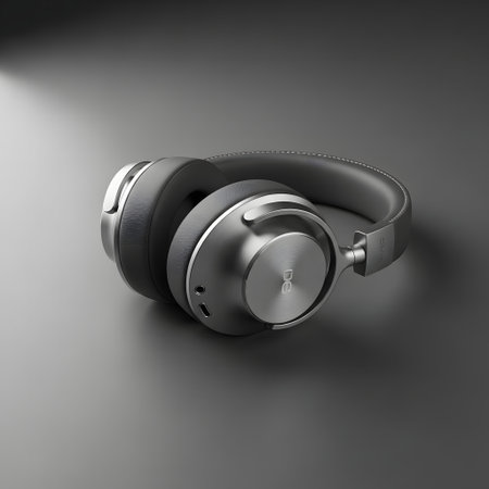 Black wireless headphones on a gray background. 3d illustration. High resolution image.の素材