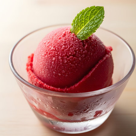 Scoops of strawberry ice cream in a glass on wooden backgroundの素材