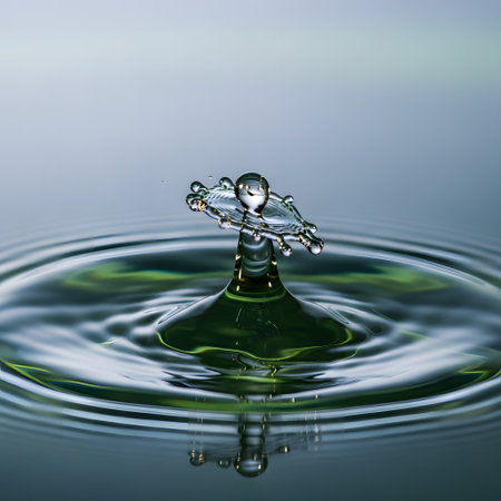 Falling drops of water. Splash effect after collision a falling drops with water Surfaceの素材