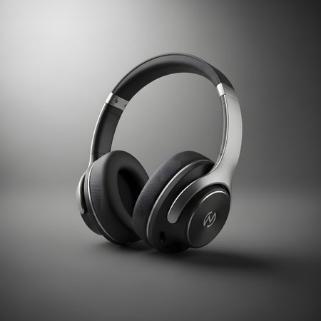 Modern black headphones on a gray background. 3d render illustration.の素材