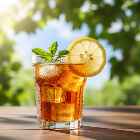 Glass of iced tea with lemon and mint leaves on wooden tableの素材