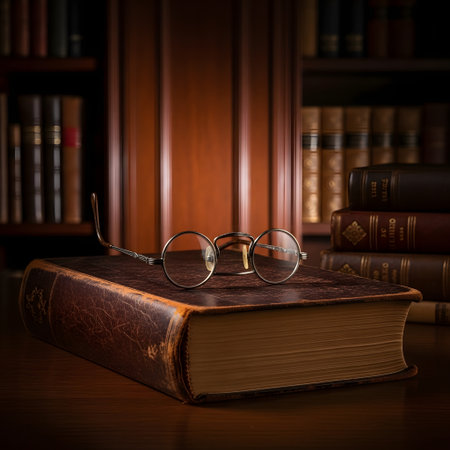 Old book with glasses on a wooden table in the library. 3d renderの素材