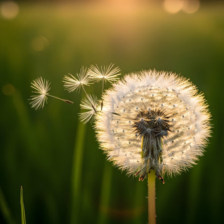 Dandelion flower in the green meadow at sunset time.の素材