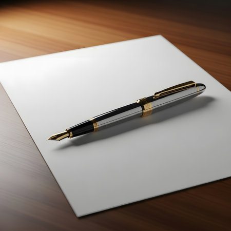 Pen on a white sheet of paper on a wooden table. 3d renderingの素材