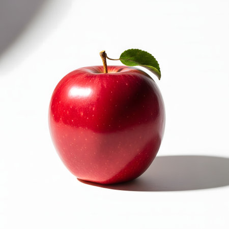 Fresh red apple with leaf on white background with shadow, healthy foodの素材