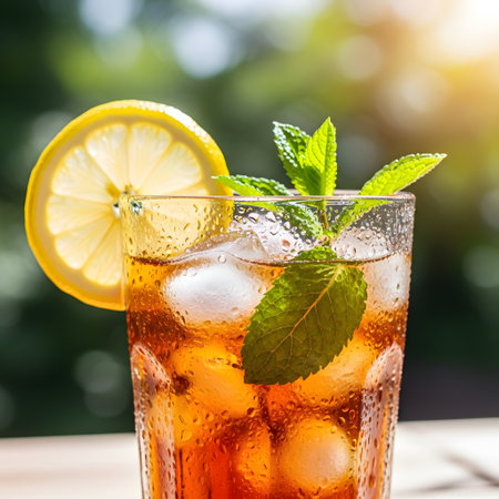 Glass of iced tea with lemon and mint on a wooden tableの素材