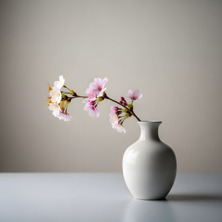 Cherry blossom branch in vase on white table and gray backgroundの素材
