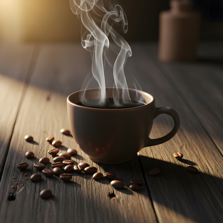Coffee cup and coffee beans on a wooden table with sunlightの素材