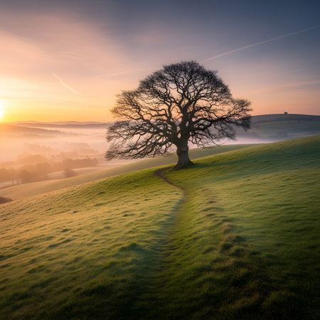 Beautiful landscape image of old oak tree in meadow at sunriseの素材