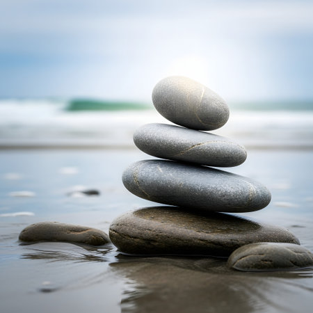 Spa stones on the beach. Zen concept. Blurred backgroundの素材