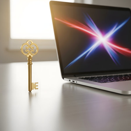 Laptop with golden key on table in office. 3d renderingの素材