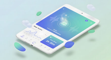 Isometric view of a conceptual white smartphone featuring an innovative dual-screen design. The user interface on both displays shows a modern blue and green gradient.の素材