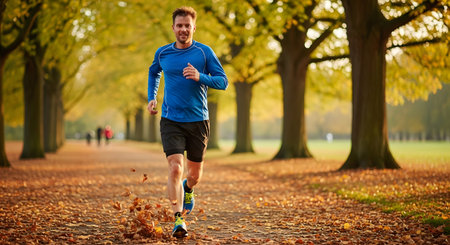 A happy and fit young man wearing a blue long-sleeved shirt and black shorts jogs along a path covered with fallen leaves, smiling towards the camera.の素材