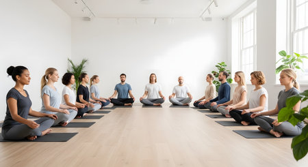 Side view of a diverse community practicing group meditation. They are seated in a circle on individual mats with their eyes closed, fostering wellness and tranquility.の素材
