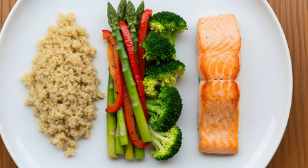 Top down view of a nutritious meal prep plate containing a portion of fresh salmon, cooked quinoa, and a colorful assortment of asparagus, broccoli, and red bell peppers.の素材