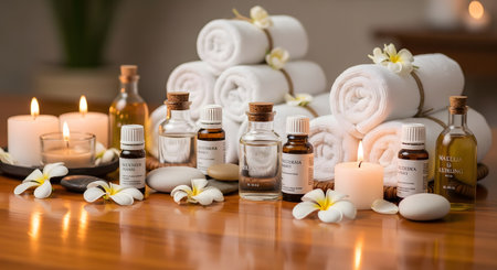 A tranquil spa scene featuring bottles of essential oils, neatly rolled white towels, glowing candles, and delicate plumeria flowers on a wooden table.の素材