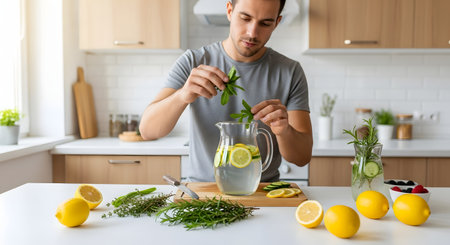 A young man in a grey t-shirt carefully places fresh mint sprigs into a large glass jug filled with water and sliced lemons to create a healthy, refreshing beverage.の素材