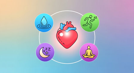 A central heart surrounded by icons for a healthy lifestyle: hydration, exercise, sleep, and meditation. A concept for cardiovascular wellness and balanced living.の素材