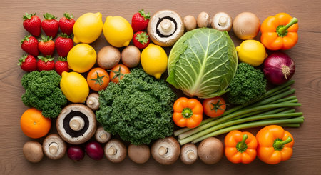Flat lay composition of various fresh and colorful raw vegetables and fruits, including cabbage, kale, peppers, lemons, tomatoes, and mushrooms, representing a healthy diet.の素材