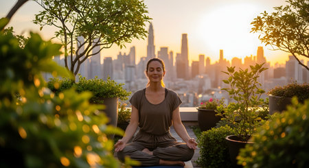 A serene woman with closed eyes sits in a classic lotus yoga pose. Her hands rest gently on her knees, and she wears comfortable clothing, radiating a sense of inner peace and tranquility.の素材