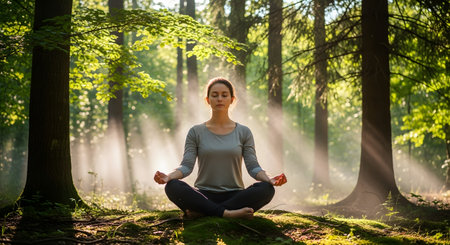 A calm woman with her eyes closed sits in a classic lotus pose, practicing mindfulness and yoga for spiritual balance, health, and well-being in a serene forest.の素材