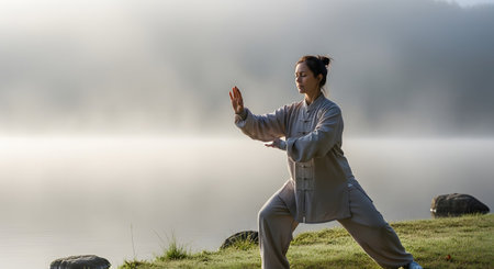 A woman with dark hair in a bun, wearing a traditional grey uniform, performs a Tai Chi pose. Her expression is calm and focused as she practices the martial art.の素材