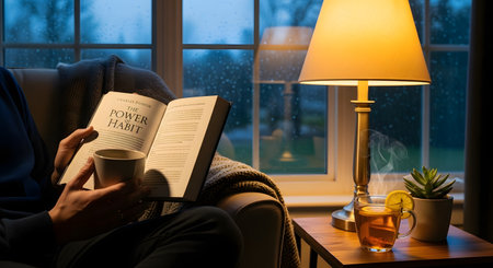 Close up view of a person holding an open book and a mug while sitting in a comfortable chair. The scene is one of quiet relaxation and personal enjoyment.の素材