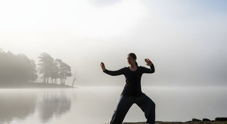 A person dressed in dark attire stands in a classic martial arts pose, demonstrating balance, control, and deep concentration during their morning routine.の素材