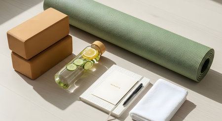 A collection of yoga and wellness items including a green mat, cork blocks, infused water, a journal, and a white towel, arranged neatly on a neutral surface.の素材