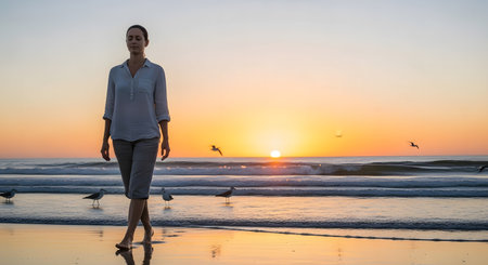 Full-length portrait of a woman with dark hair, wearing a light-colored shirt and dark shorts, walking forward with a calm expression.の素材
