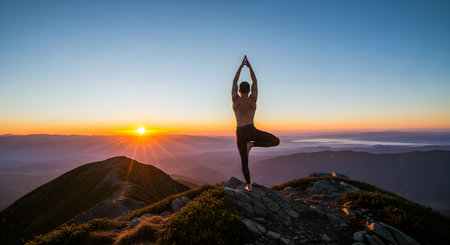 A fit man stands in the Vrksasana or tree pose, balancing on one leg. He wears a yellow tank top and dark leggings, with his arms stretched upwards.の素材