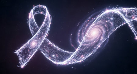 A luminous ribbon symbol composed of a digital plexus network and swirling galaxies, representing universal awareness and hope in a cosmic setting.の素材