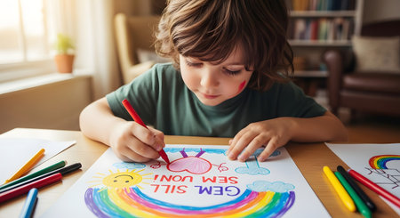 A focused young boy with brown hair, wearing a green t-shirt, carefully uses a red colored pencil to draw on a piece of paper at a wooden table.の素材