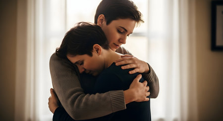 A person with short dark hair tenderly comforts another individual who is leaning into their shoulder, conveying a moment of deep emotional support and connection.の素材