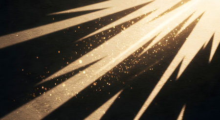 An abstract illustration of powerful golden light beams with a sunburst effect. Sharp, jagged rays filled with shimmering particles explode on a dark background.の素材