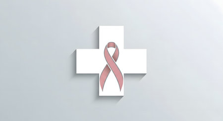 A pink ribbon, the international symbol for breast cancer awareness, resting on a white three-dimensional medical cross, representing healthcare, hope, and support for patients.の素材