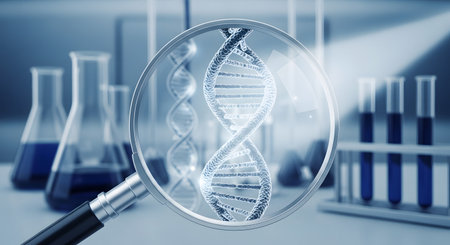 A magnifying lens focuses on a detailed, luminous DNA strand, representing the exploration of genetics, heredity, and molecular biology.の素材