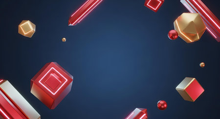 A dynamic composition of 3D geometric figures like cubes and polyhedra in red and gold, floating against a dark blue background. Red shapes feature glowing neon outlines.の素材