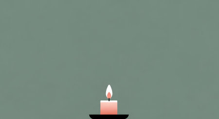 A minimalist image of a single burning candle with a bright flame, set against a simple, solid sage green background, evoking a sense of peace and tranquility.の素材
