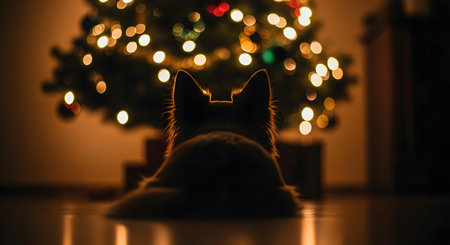 The back of a dog's head is silhouetted against the warm, blurry lights of a Christmas tree. A cozy, festive, and heartwarming holiday scene in a dark room.の素材